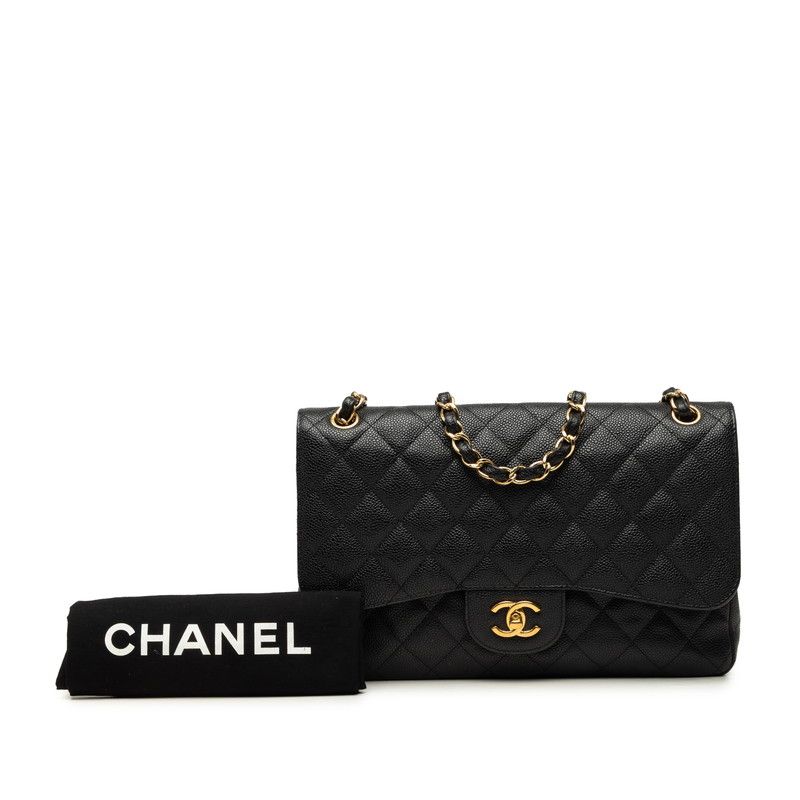 Chanel CC Logo Quilted Double Flap Chain Shoulder Bag Black Gold Caviar Leather — view 7