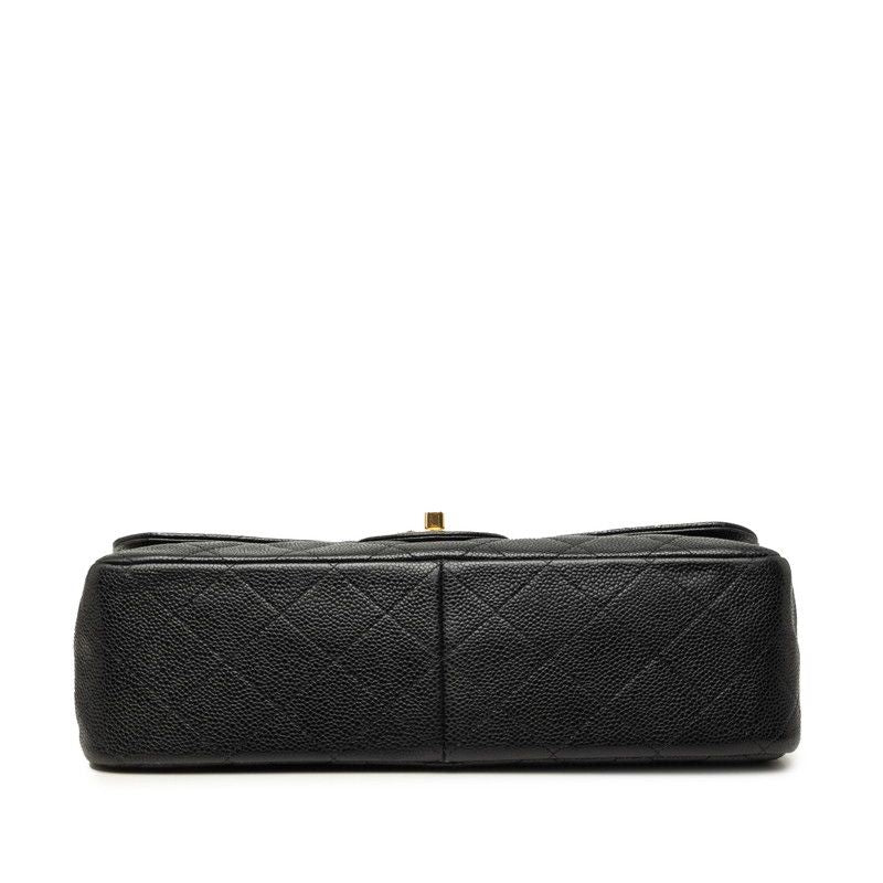 Chanel CC Logo Quilted Double Flap Chain Shoulder Bag Black Gold Caviar Leather — view 3