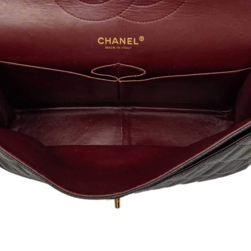 Chanel CC Logo Quilted Double Flap Chain Shoulder Bag Black Gold Caviar Leather — view 4