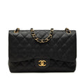 Chanel CC Logo Quilted Double Flap Chain Shoulder Bag Black Gold Caviar Leather