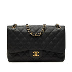 Chanel CC Logo Quilted Double Flap Chain Shoulder Bag Black Gold Caviar Leather