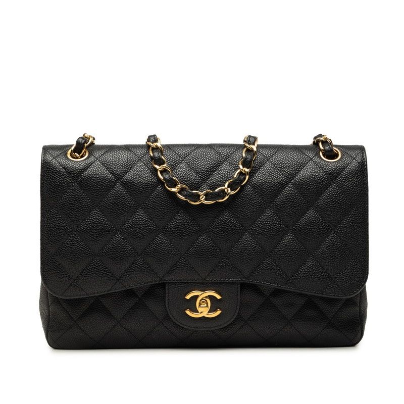 Chanel CC Logo Quilted Double Flap Chain Shoulder Bag Black Gold Caviar Leather