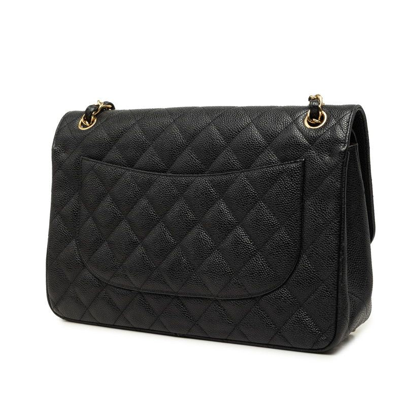 Chanel CC Logo Quilted Double Flap Chain Shoulder Bag Black Gold Caviar Leather — view 2