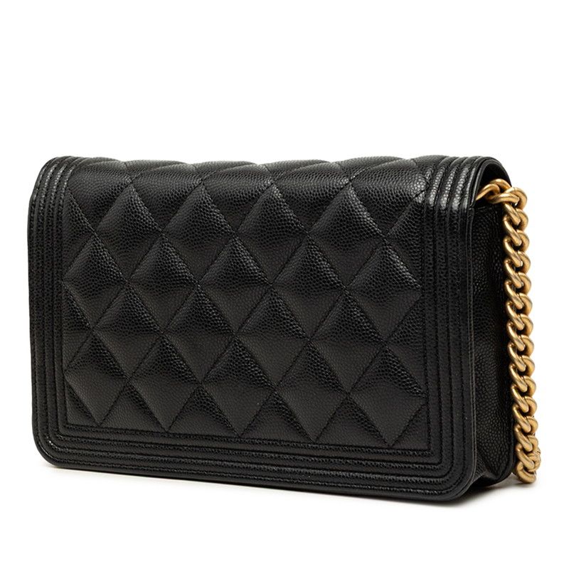 Chanel CC Logo Boy Chain Wallet Shoulder Bag Black Gold Caviar Leather — view 2