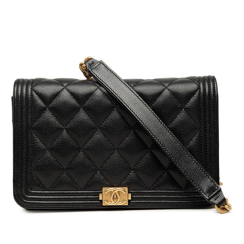 Chanel CC Logo Boy Chain Wallet Shoulder Bag Black Gold Caviar Leather