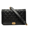 Chanel CC Logo Boy Chain Wallet Shoulder Bag Black Gold Caviar Leather
