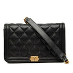 Chanel CC Logo Boy Chain Wallet Shoulder Bag Black Gold Caviar Leather