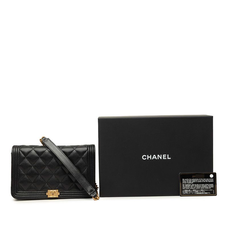 Chanel CC Logo Boy Chain Wallet Shoulder Bag Black Gold Caviar Leather — view 8