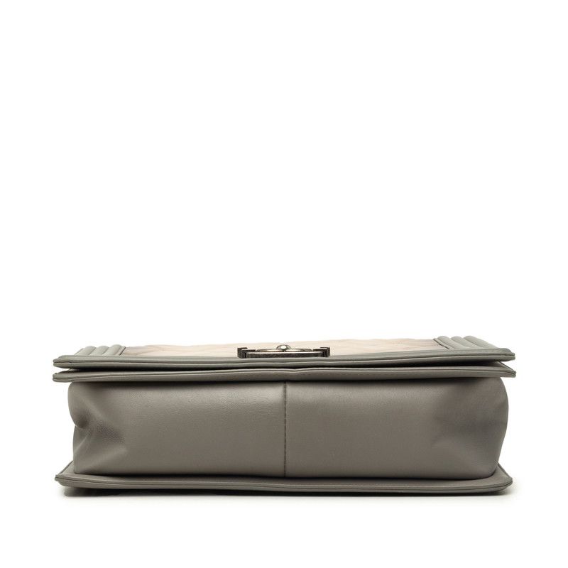 Chanel CC Logo Boy Quilted Chain Shoulder Bag Gray Beige Lambskin — view 3