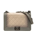 Chanel CC Logo Boy Quilted Chain Shoulder Bag Gray Beige Lambskin