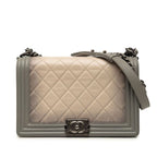 Chanel CC Logo Boy Quilted Chain Shoulder Bag Gray Beige Lambskin