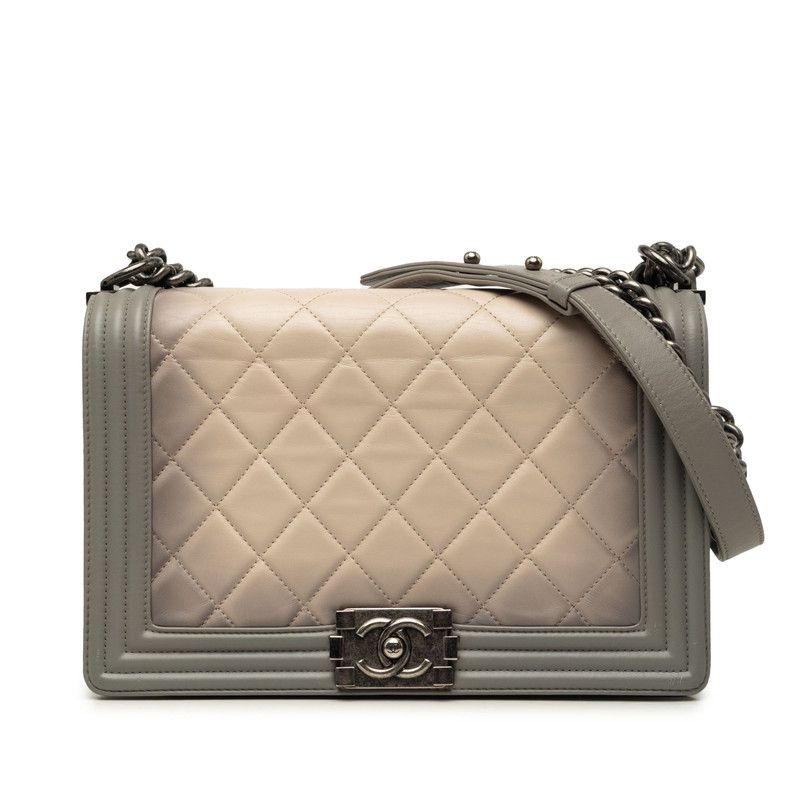 Chanel CC Logo Boy Quilted Chain Shoulder Bag Gray Beige Lambskin