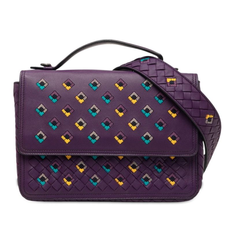 Bottega Veneta Intrecciato Embroidery 2-Way Shoulder Bag Purple Leather