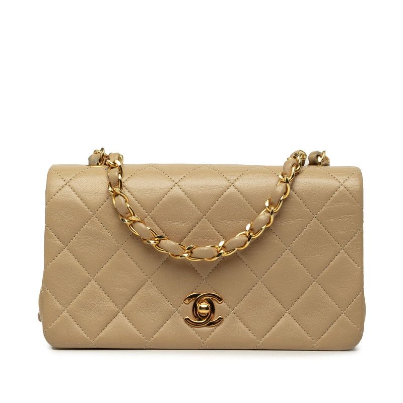 Chanel CC Logo Quilted Chain Shoulder Bag Beige Lambskin