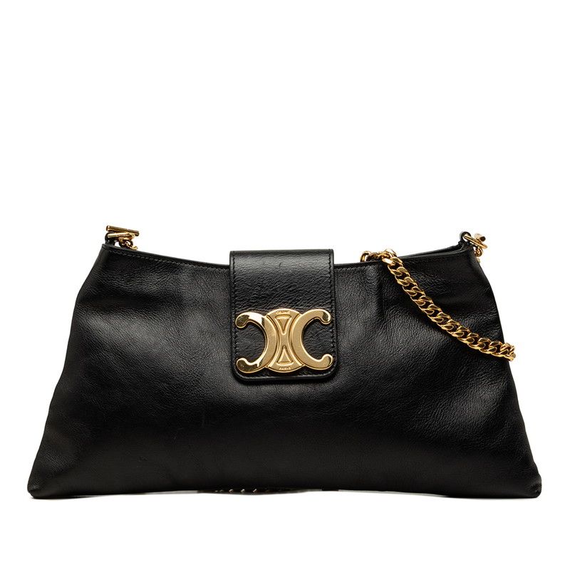 Celine Triomphe Chain Shoulder Bag Black Leather