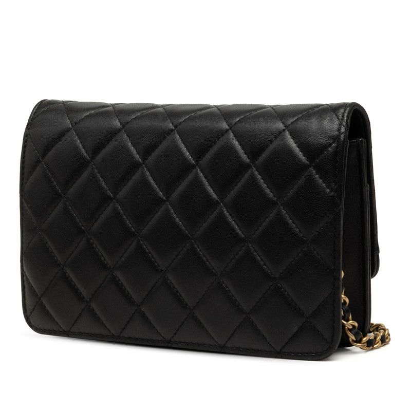 Chanel CC Logo Quilted Chain Wallet Shoulder Bag Black Gold Lambskin — view 2