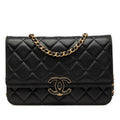 Chanel CC Logo Quilted Chain Wallet Shoulder Bag Black Gold Lambskin