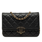 Chanel CC Logo Quilted Chain Wallet Shoulder Bag Black Gold Lambskin