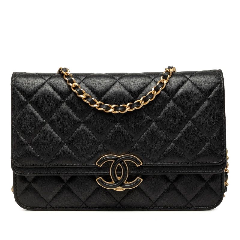 Chanel CC Logo Quilted Chain Wallet Shoulder Bag Black Gold Lambskin