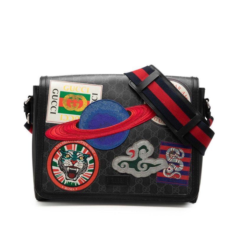 Gucci GG Supreme Courier Crossbody Shoulder Bag Black Gray Leather