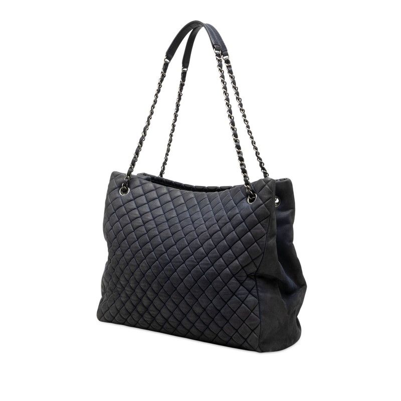 Chanel Quilted Chain Tote Shoulder Bag Navy Silver Leather — view 2