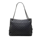 Chanel Quilted Chain Tote Shoulder Bag Navy Silver Leather