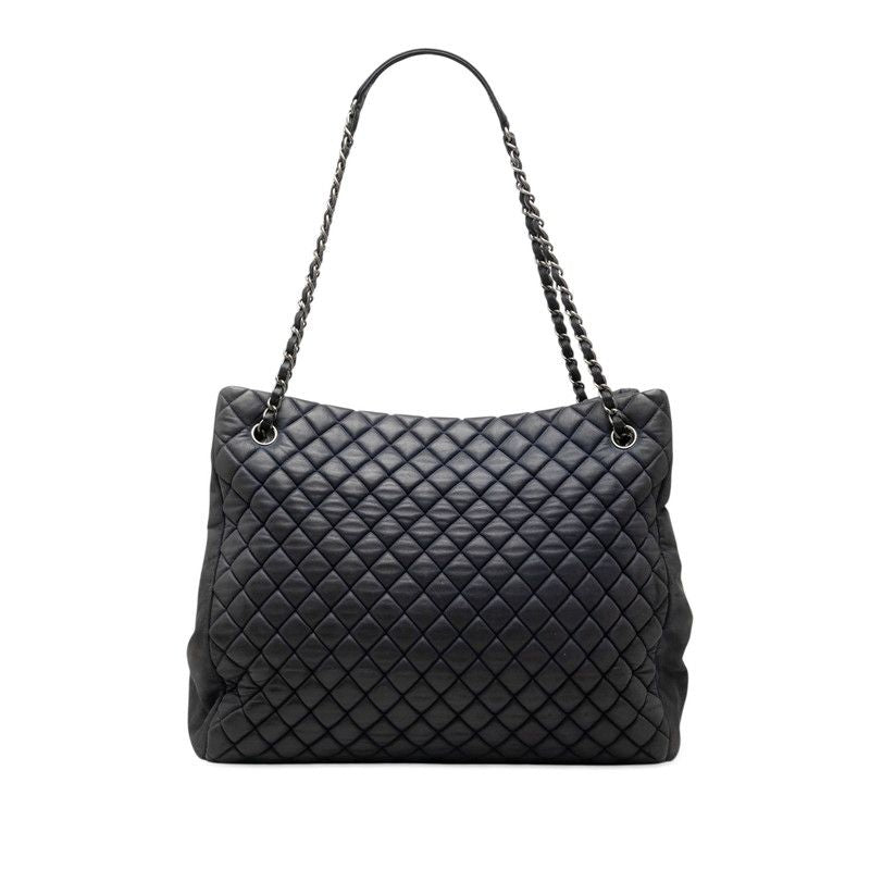 Chanel Quilted Chain Tote Shoulder Bag Navy Silver Leather
