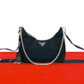 Prada Triangle Logo Tessuto Pocono Nylon Saffiano Leather Chain Shoulder Bag