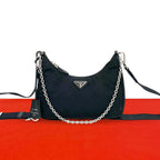 Prada Triangle Logo Tessuto Pocono Nylon Saffiano Leather Chain Shoulder Bag