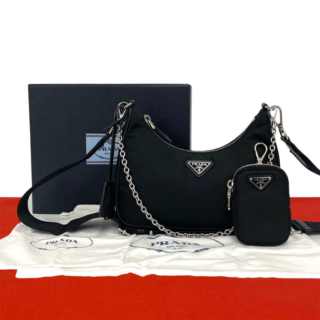 Prada Triangle Logo Tessuto Pocono Nylon Saffiano Leather Chain 2-Way Shoulder