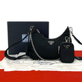 Prada Triangle Logo Tessuto Pocono Nylon Saffiano Leather Chain 2-Way Shoulder