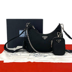 Prada Triangle Logo Tessuto Pocono Nylon Saffiano Leather Chain 2-Way Shoulder