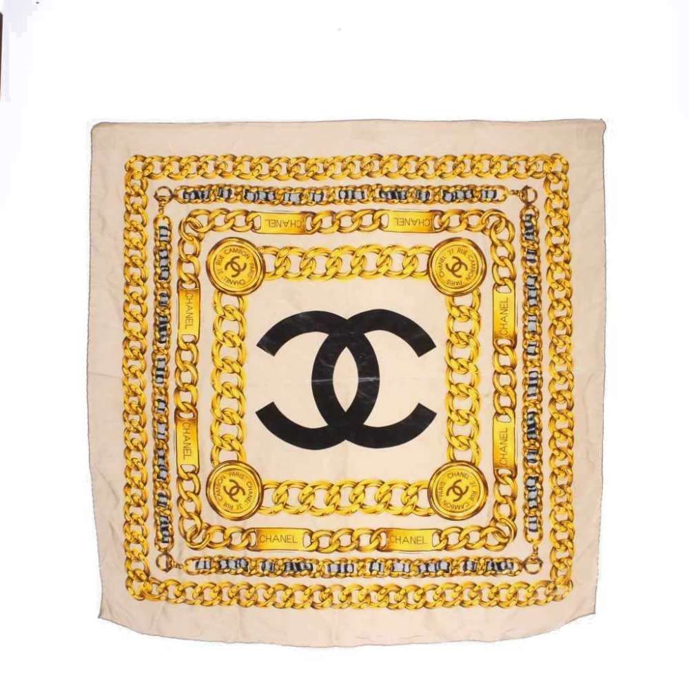 Chanel Large Scarf Shawl CC Logo Chain All Over Print Beige Yellow Black