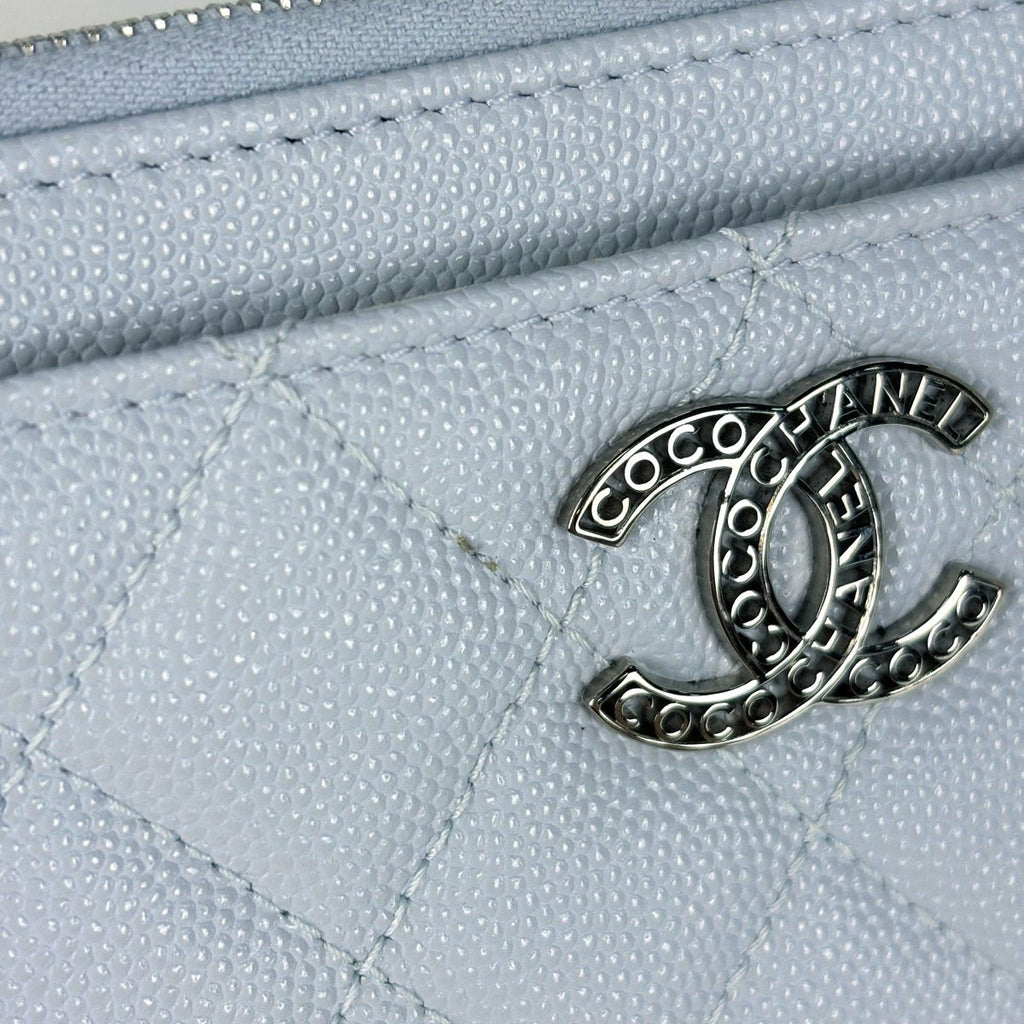 Chanel Card Case CC Logo Quilted Coin Purse Caviar Leather Light Blue — view 4