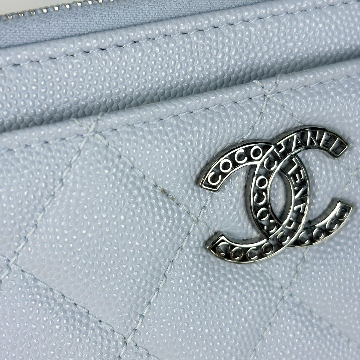 Chanel Card Case CC Logo Quilted Coin Purse Caviar Leather Light Blue — view 4