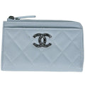 Chanel Card Case CC Logo Quilted Coin Purse Caviar Leather Light Blue