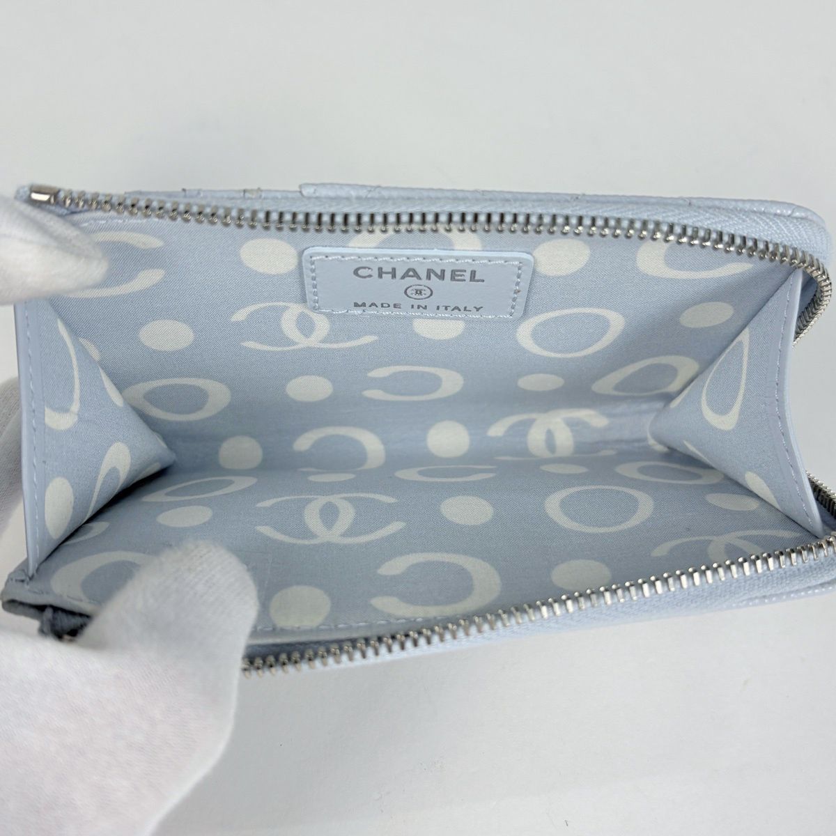 Chanel Card Case CC Logo Quilted Coin Purse Caviar Leather Light Blue — view 7