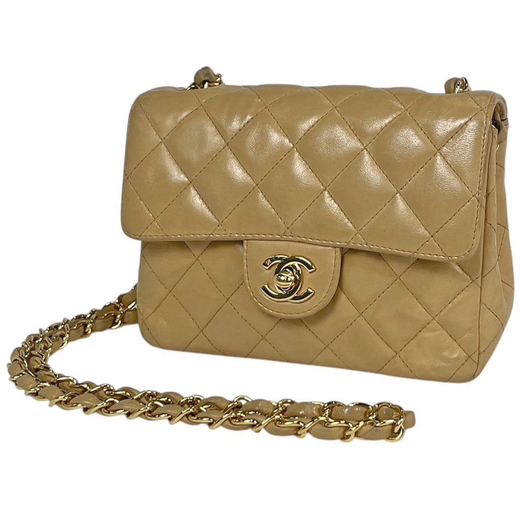 Chanel Mini Quilted Shoulder Bag CC Logo Single Flap Leather Beige