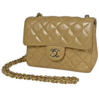 Chanel Mini Quilted Shoulder Bag CC Logo Single Flap Leather Beige