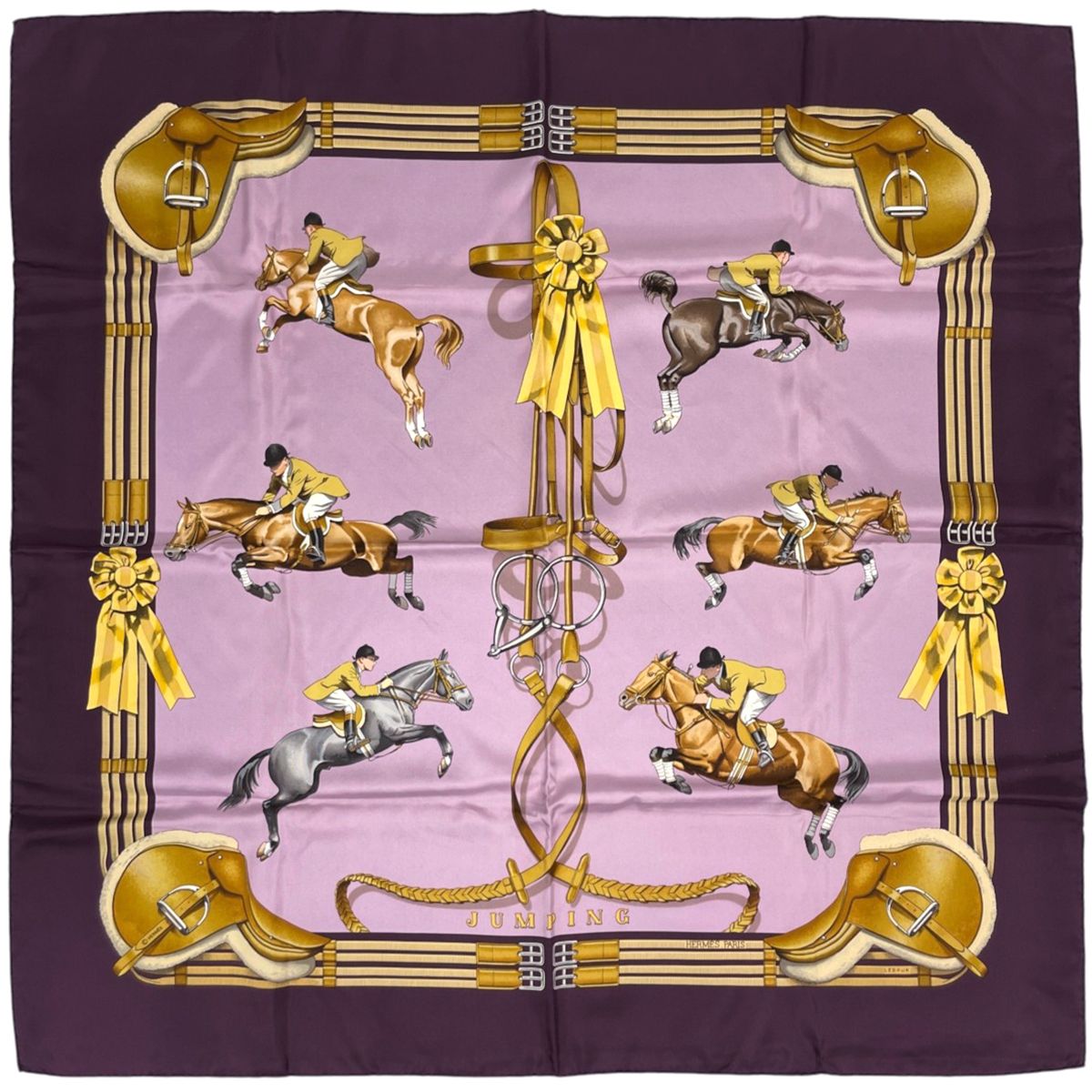 Hermes Carre 90 Jumping Scarf Horseback Riding Saddle Silk Purple Multicolor