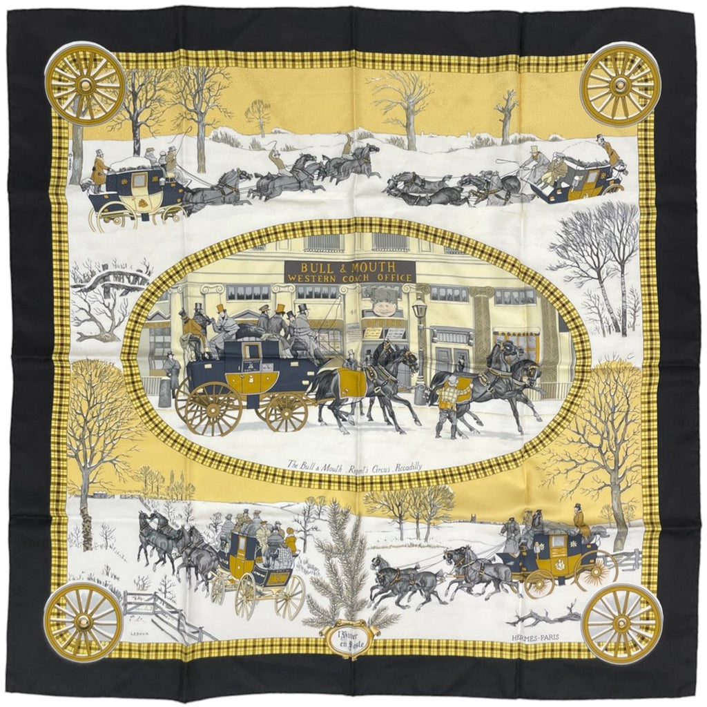 Hermes Carre 90 L'hiver en Poste Scarf Winter Mail Carriage Silk Black