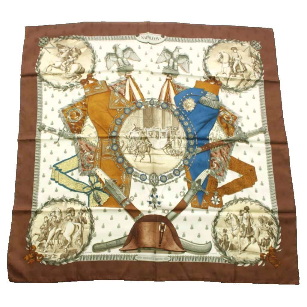 Hermes Carre 90 Napoleon Scarf Large All Over Print Brown White
