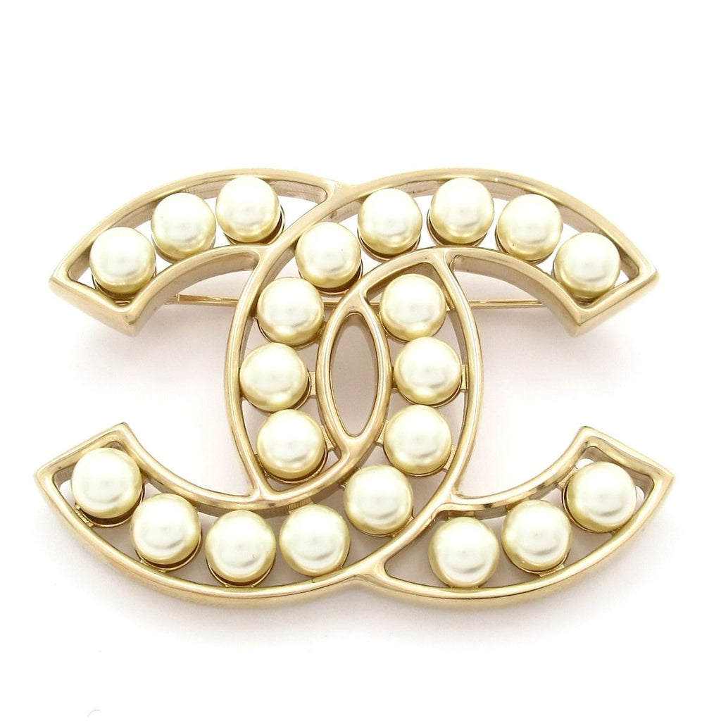 Chanel Brooch CC Logo Gold White