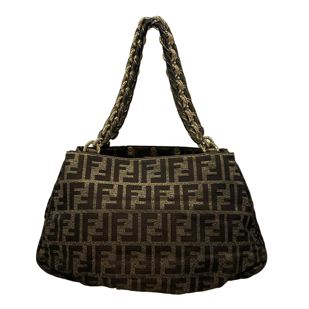 Fendi Handbag Mia Zucca Pattern Dark Brown Gold Chain Handle Leather — view 3