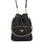 Prada Duet Drawstring Triangle Logo Nylon Leather 2-Way Shoulder Bag Black