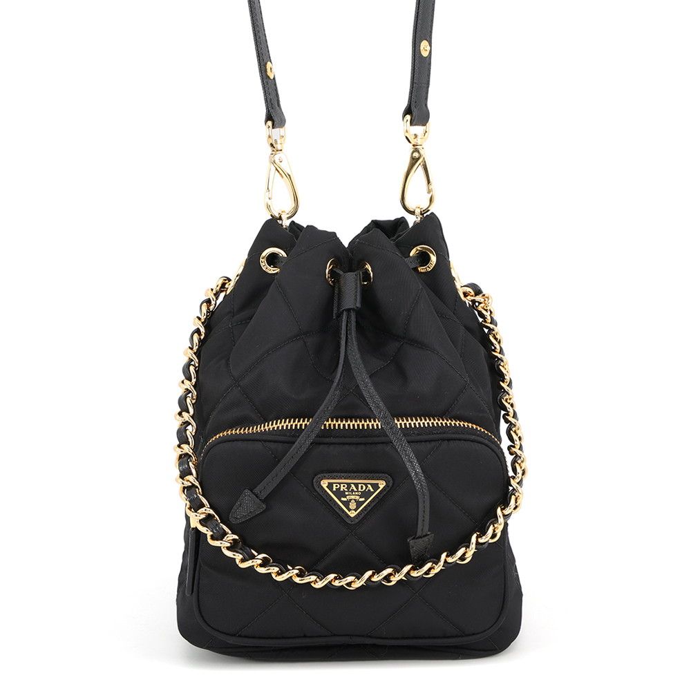 Prada Duet Drawstring Triangle Logo Nylon Leather 2-Way Shoulder Bag Black