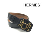 Hermes Horsebit Buckle Logo Leather Belt Suit Black