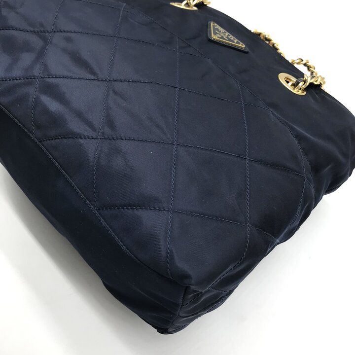 Prada Nylon Quilted Chain Shoulder Tote Bag Navy — view 4