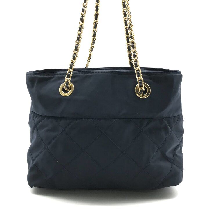 Prada Nylon Quilted Chain Shoulder Tote Bag Navy — view 2