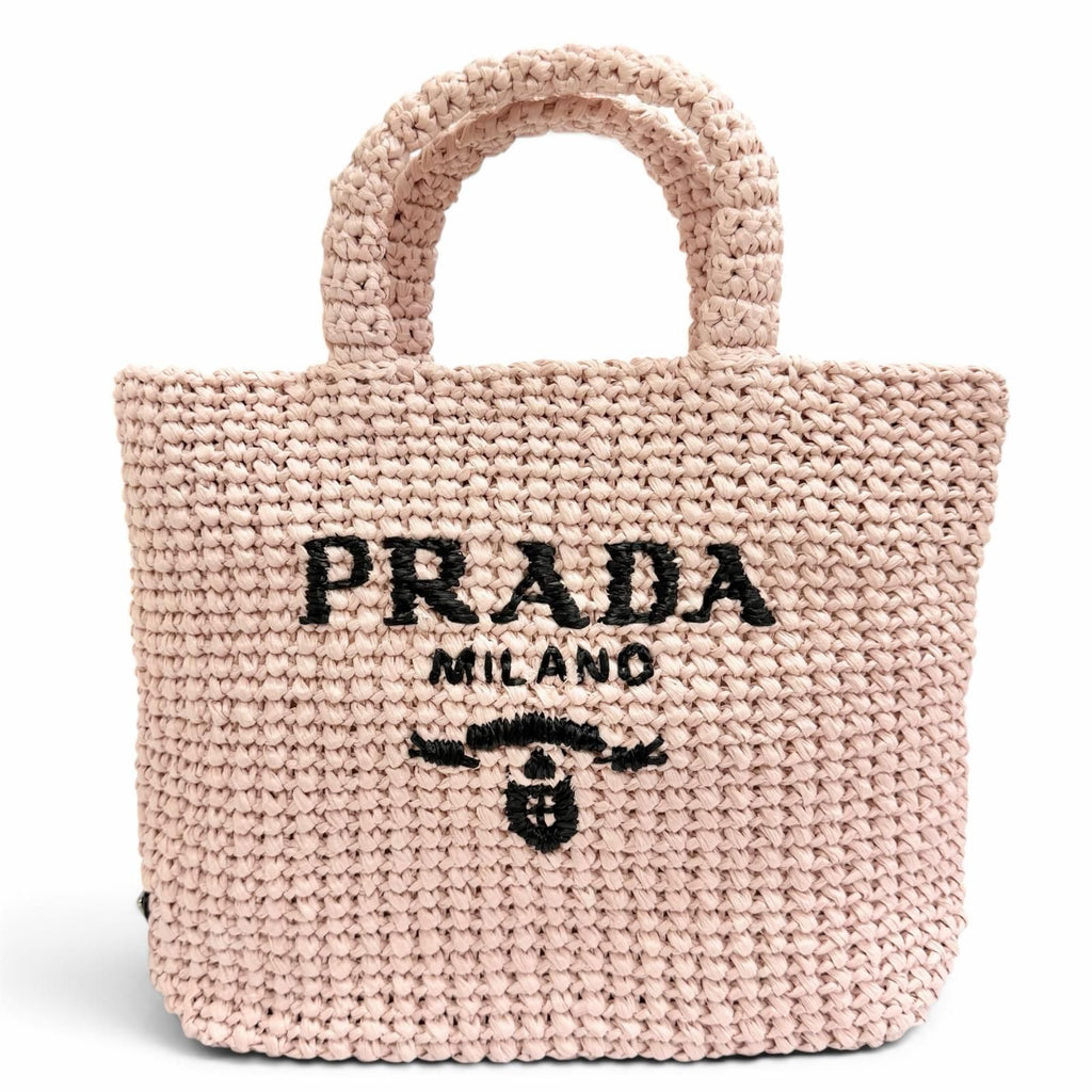 Prada Small Clochette Raffia Triangle Logo Tote Bag Pink Black